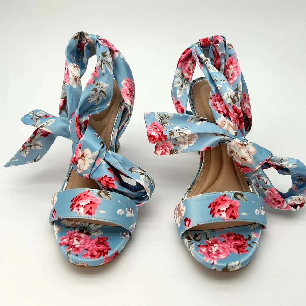 Womens Ankle Wrap Sandals Kelly & Katie Nylani Size 9.5‎ Blue Satin Floral Print